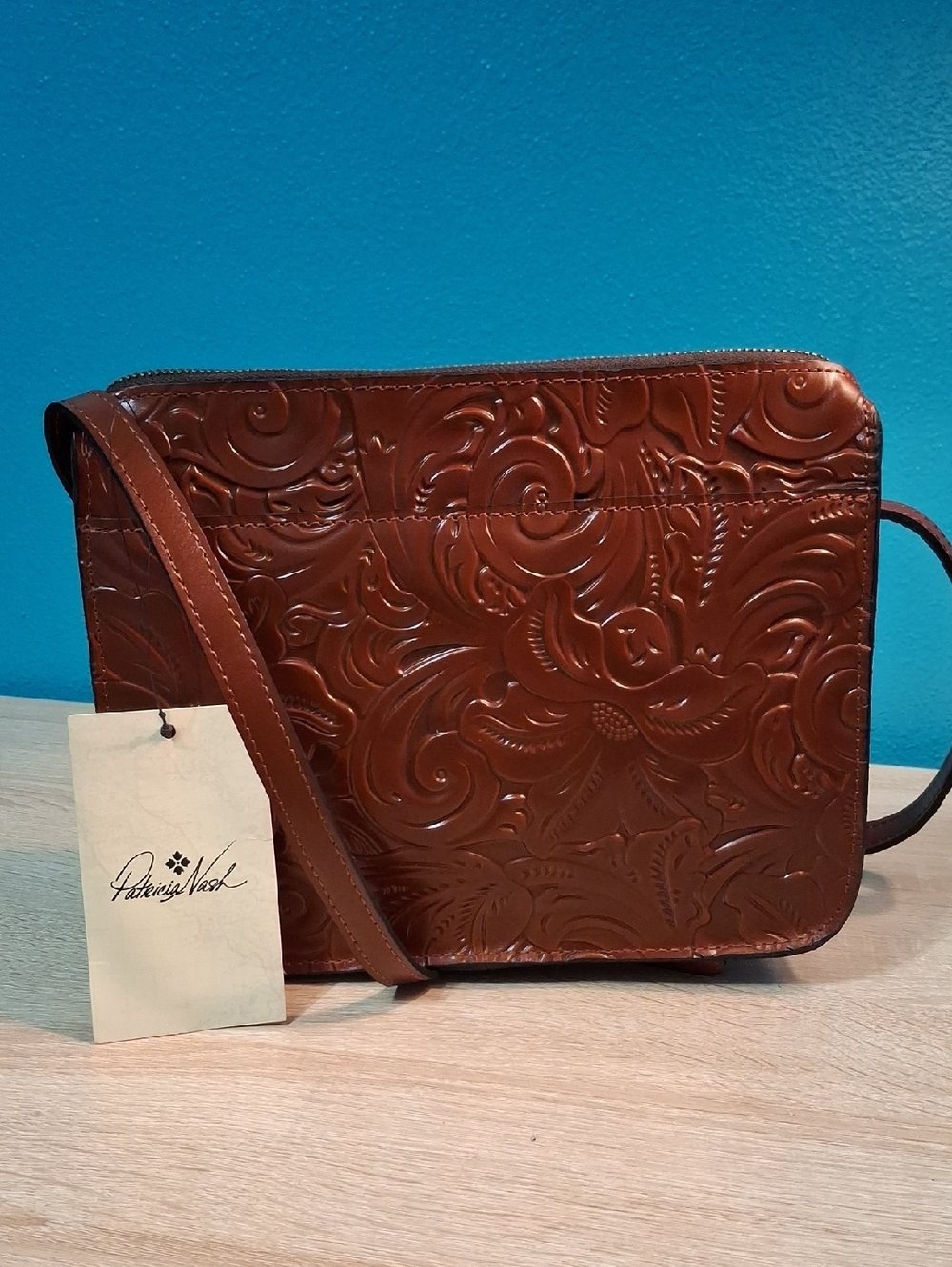 Patricia Nash Tooled Vallata Leather Crossbody - Florence Brown Nwt